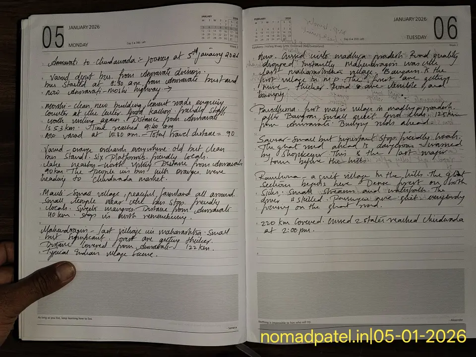 Handwritten diary entry of Nomad Patel for Amravati to Chhindwara bus journey on 05 January 2026 showing ticket Rs 330 and bus MH 14 MH 1951