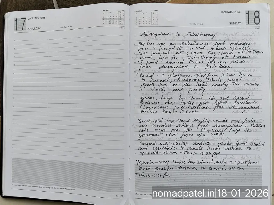 handwritten diary entry for Pachod bus stand 4 platforms and Beed dusty old stand 10:40 AM