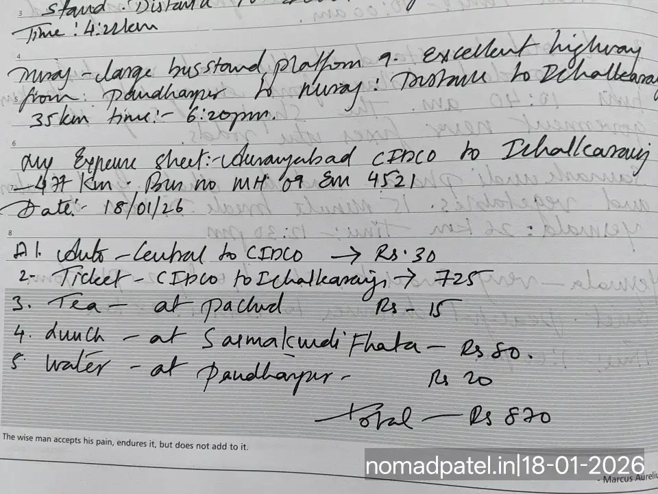 expense sheet for Aurangabad to Ichalkaranji bus journey ticket 725 rupees total 870 rupees