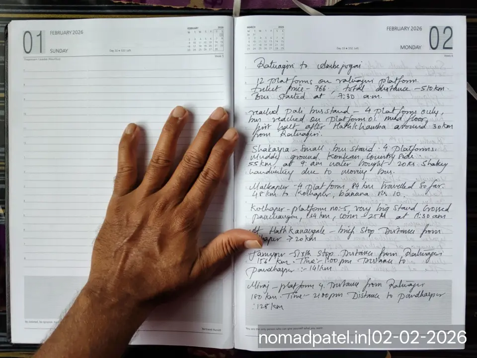Original diary notes Pali bus stand Platform 1 4 falat mud floor 30 KM and Barshi 386 KM via Jijau Chowk Bhosale Chowk scattered platforms