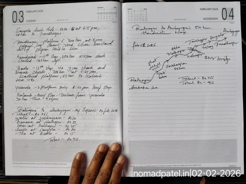 Original diary image 2 Barshi 386 KM via Jijau Chowk and Bhosale Chowk scattered platforms tea 15 Rs 12th stop