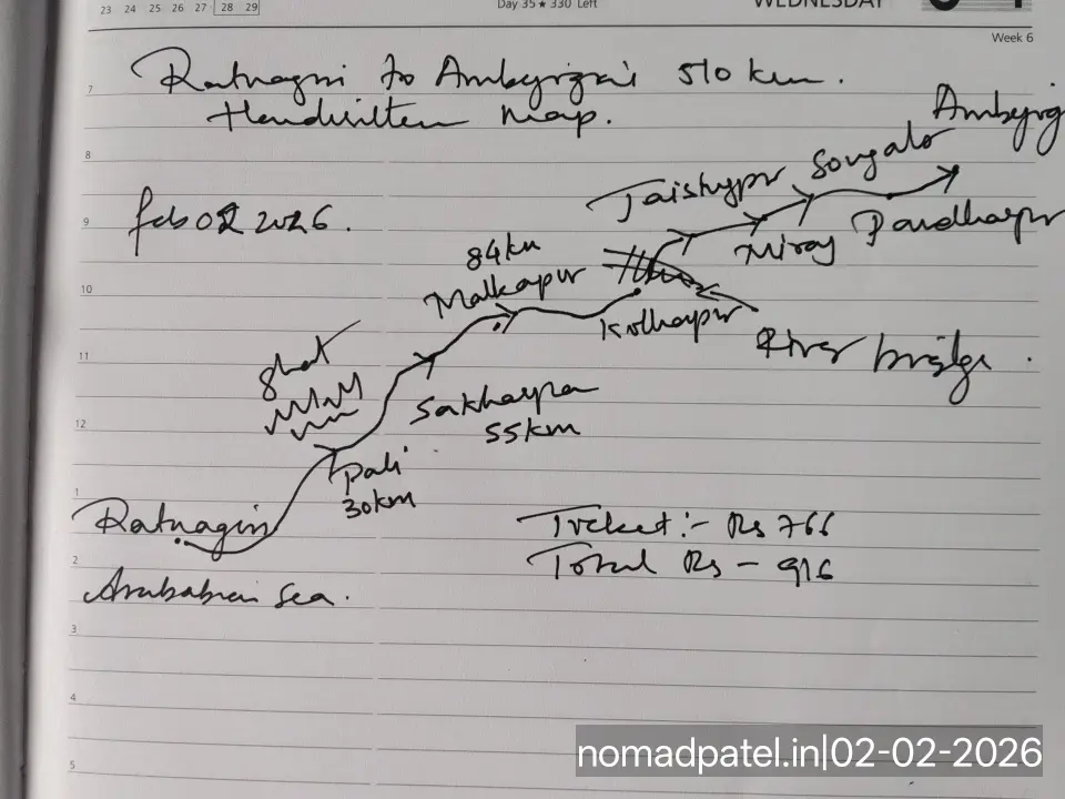 My original hand drawn map Ratnagiri to Ambejogai 510 KM via Pali Sakharapa Malkapur Kolhapur Pandharpur Barshi Jijau Chowk Bhosale Chowk