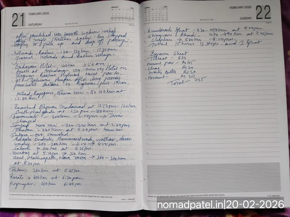 My handwritten diary Satara 4:25 PM Umbraj 5:10 PM Patan 5:45 PM Koyana Nagar 6:40 PM Chiplun 8:00 PM Kumbharli Ghat 42 KM 1.5 hours cloud experience