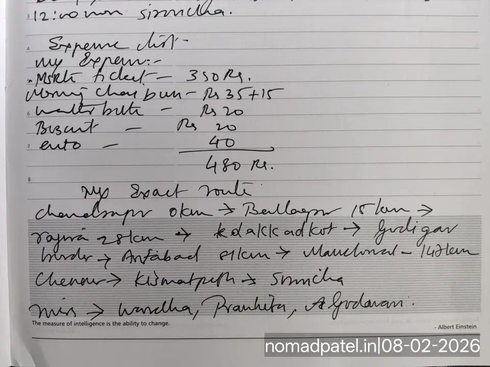 My handwritten expense list - Chandrapur to Sironcha MSRTC - Ticket Rs 350 + Chai Bun Rs 35 + Rajura Chai Rs 15 + Water Rs 20 + Biscuit Rs 20 + Auto Rs 40 = Total Rs 480 - nomadpatel.in|08-02-2026