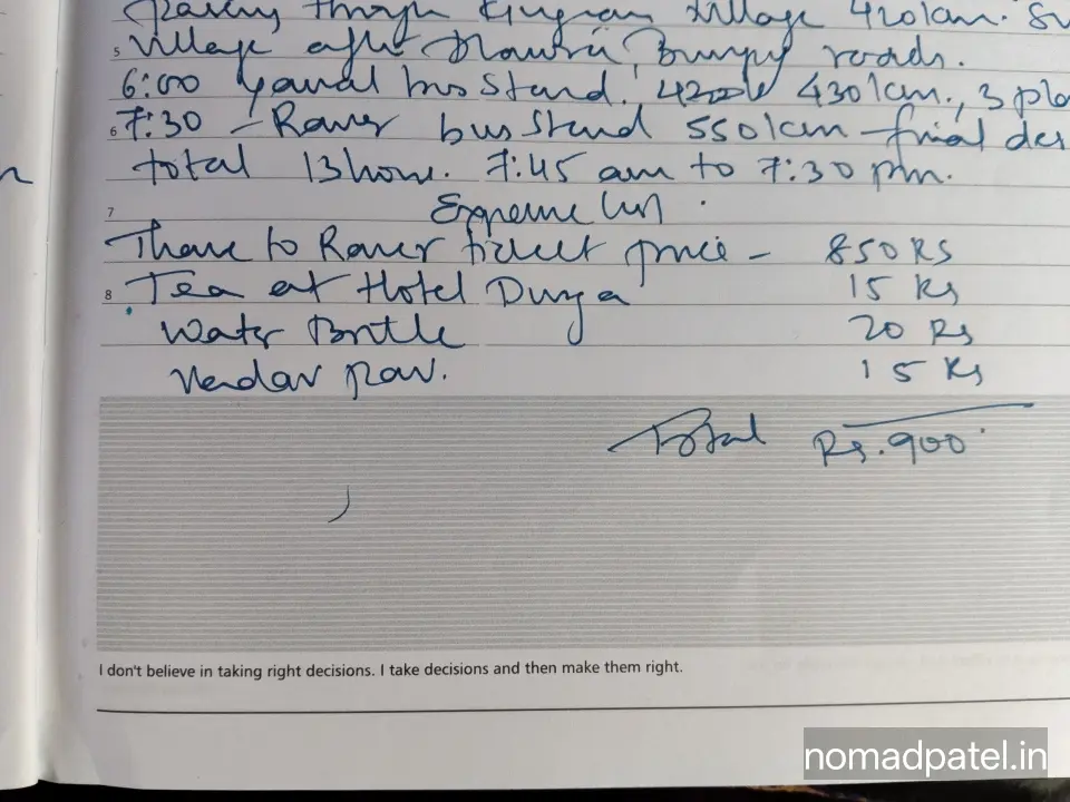 Handwritten expense list of Thane to Raver MSRTC bus journey on 5th March 2026 showing ticket price 850 rupees written in black diary by Nomad Patel