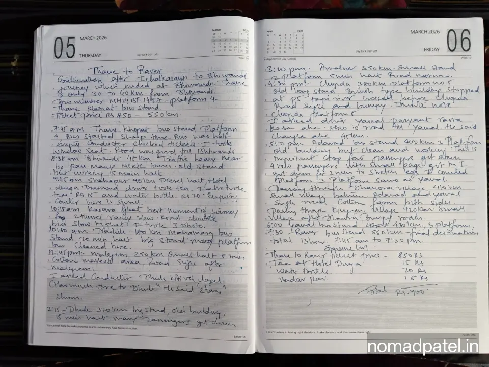 Complete handwritten diary single page showing full Thane to Raver bus journey from 7:45 AM Thane Khopat Platform 4 to 7:30 PM Raver arrival including Bhiwandi 8:38 AM Shahapur 9:45 AM Kasara Ghat Nashik 10:30 AM Dhule Chopda 4:30 PM Adavad 5:10 PM 3 platforms Dhanora Kingaon Yawal 6:00 PM