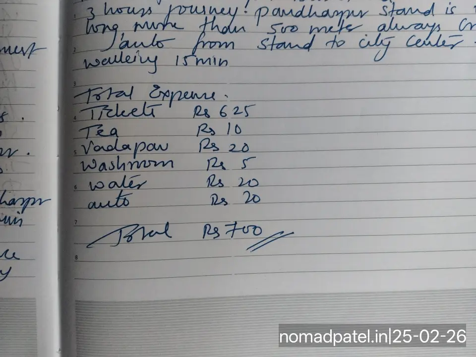 Akkalkot to Pandharpur bus expense sheet showing ticket Rs 625 and total travel cost breakdown with proof