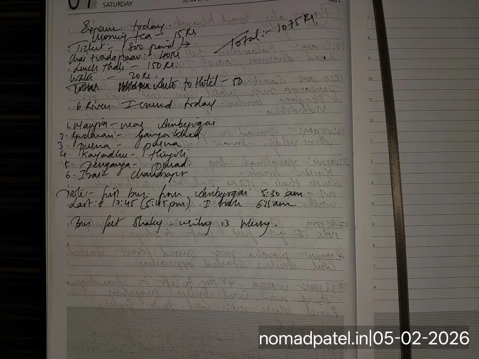 Ambejogai to Chandrapur MSRTC bus ticket price expense list handwritten 800 rupees total 1075