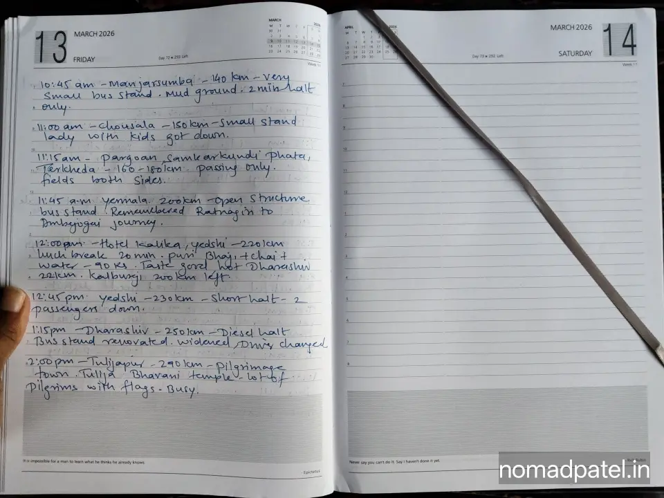 Travel diary notes for Beed to Dharashiv to Tuljapur route in Chhatrapati Sambhajinagar to Kalaburagi journey