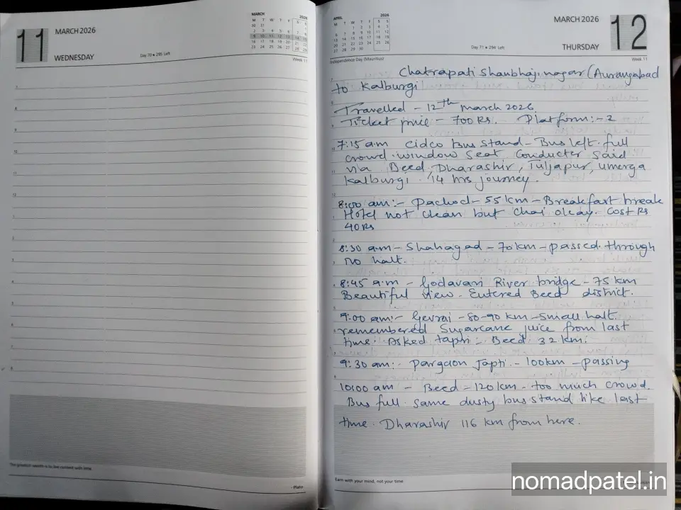 Handwritten diary of Chhatrapati Sambhajinagar to Kalaburagi bus journey showing Pachod and Beed stops by Nomad Patel
