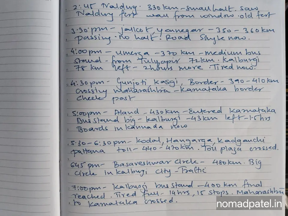 Diary notes Umerga to Aland to Kalaburagi final arrival Chhatrapati Sambhajinagar to Kalaburagi bus