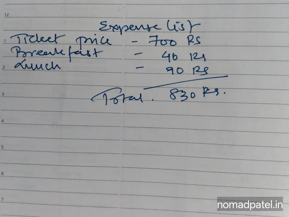 Expense list for Chhatrapati Sambhajinagar to Kalaburagi MSRTC bus journey ticket 700 Rs total 830 Rs Nomad Patel